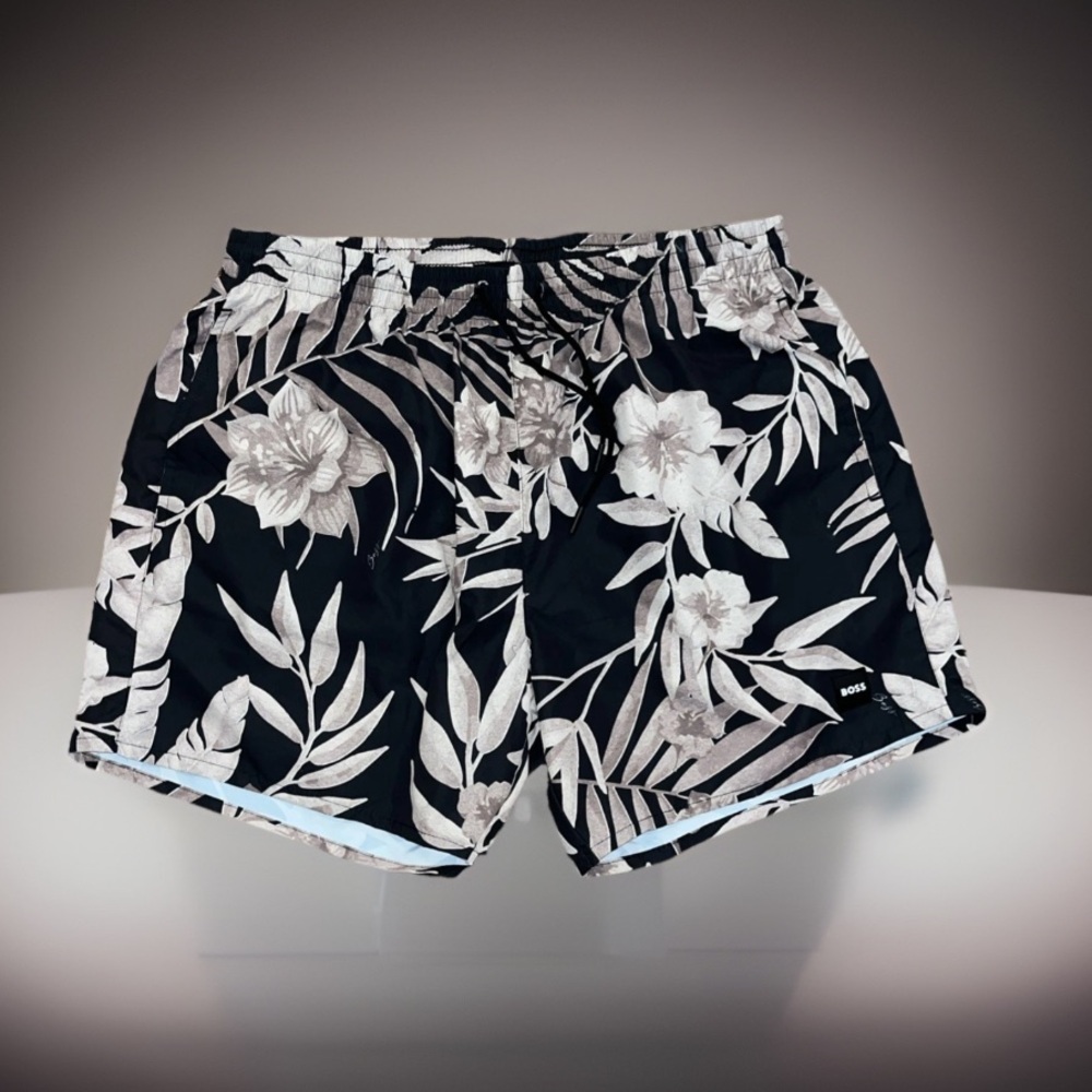 HUGO BOSS QUICK-DRY Pirhana Abstract Floral BOSS Patch Swim Trunks NWT